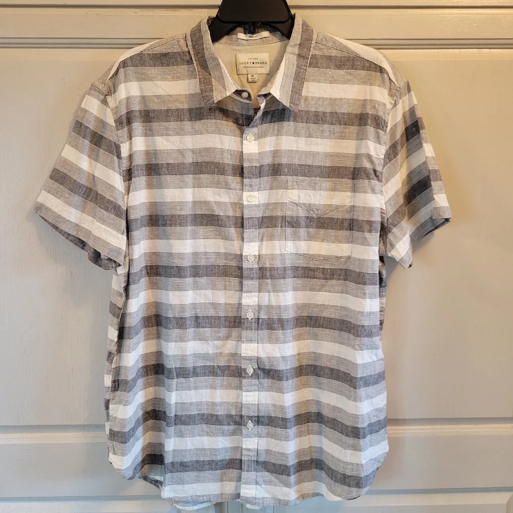 Lucky Brand Slim Fit Linen & Cotton Striped Button Up Short Sleeve Shirt
